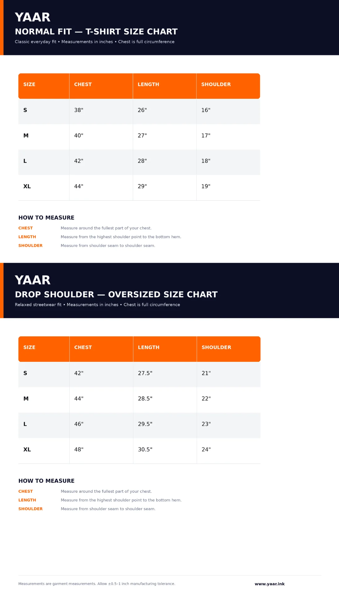 YAAR Size Chart